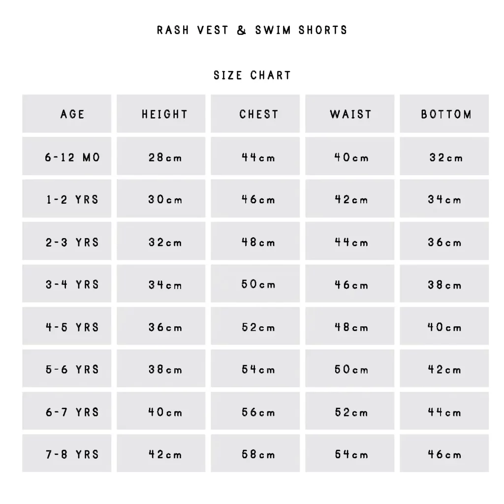 Eendjie Rash Vest and Swim Shorts Size Guide - Eendjie Kids Swimwear - Eendjie.com