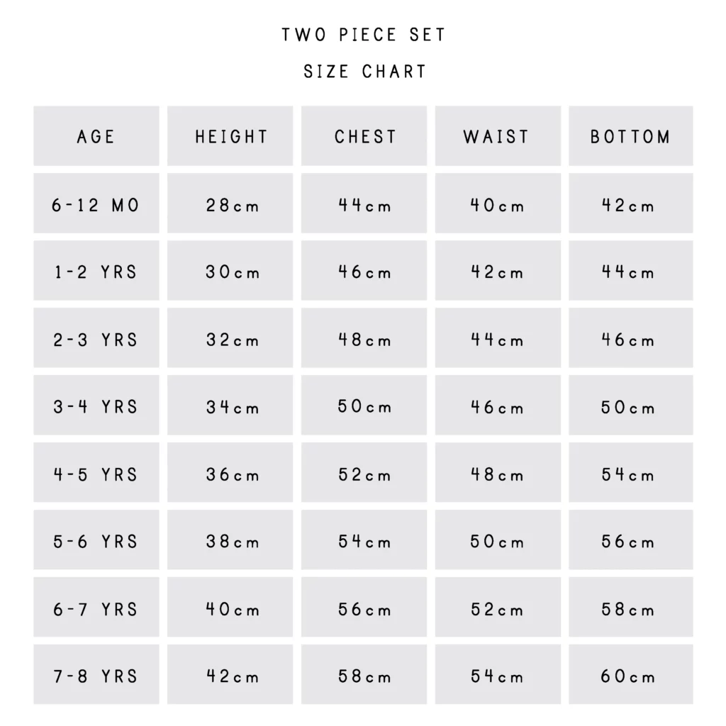 Tow-Piece Set Size Chart - Eendjie Kids Swimwear - Eendjie.com