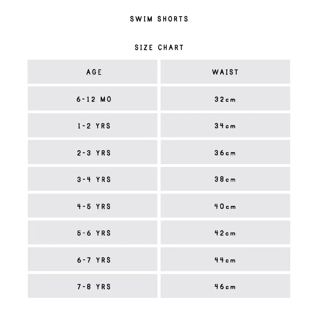 Eendjie Swim Shorts Size Guide - Eendjie Kids Swimwear - Eendjie.com